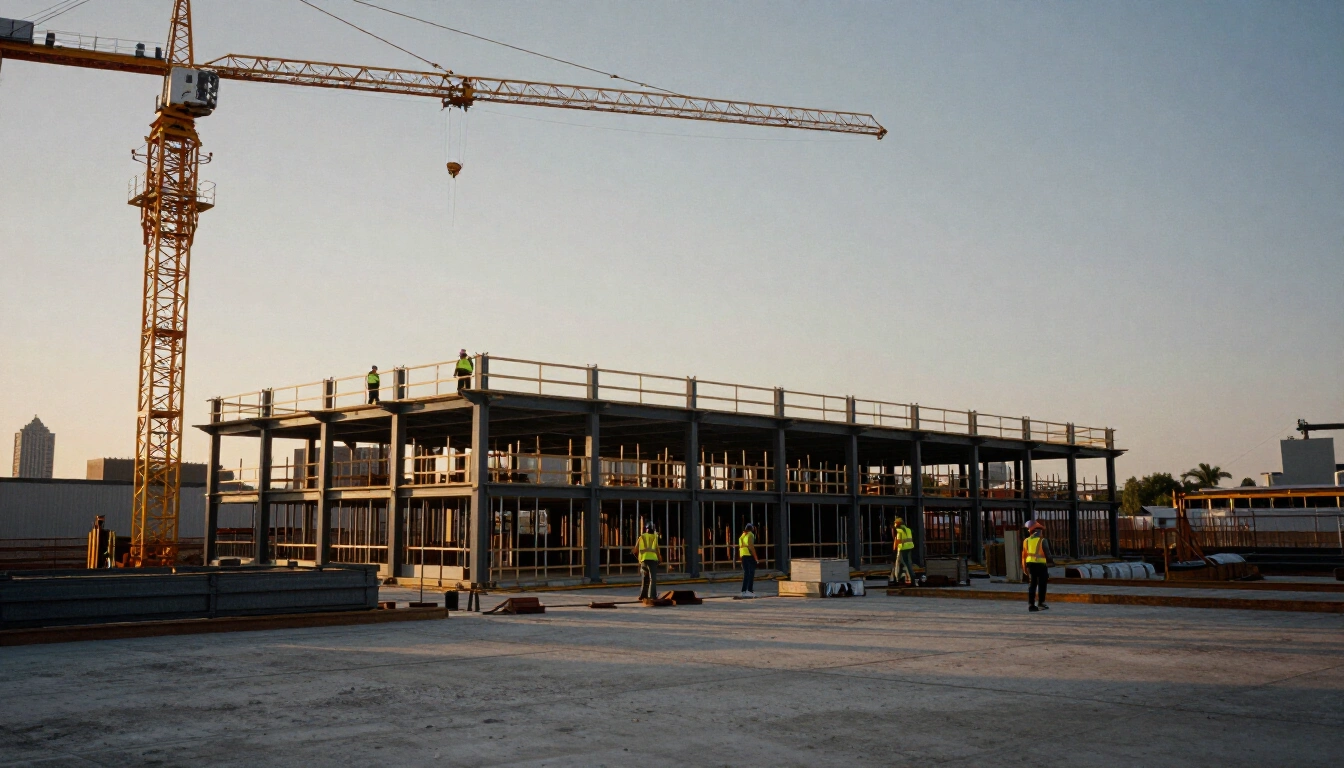 Commercial construction site at dawn with a tower crane and steel frame rising above a poured concrete slab