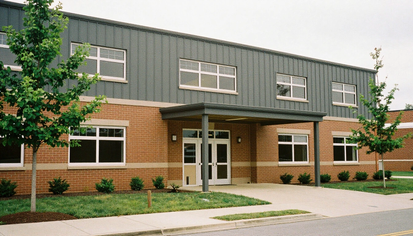 Completed public school addition with brick and metal panel facade and a covered entry canopy