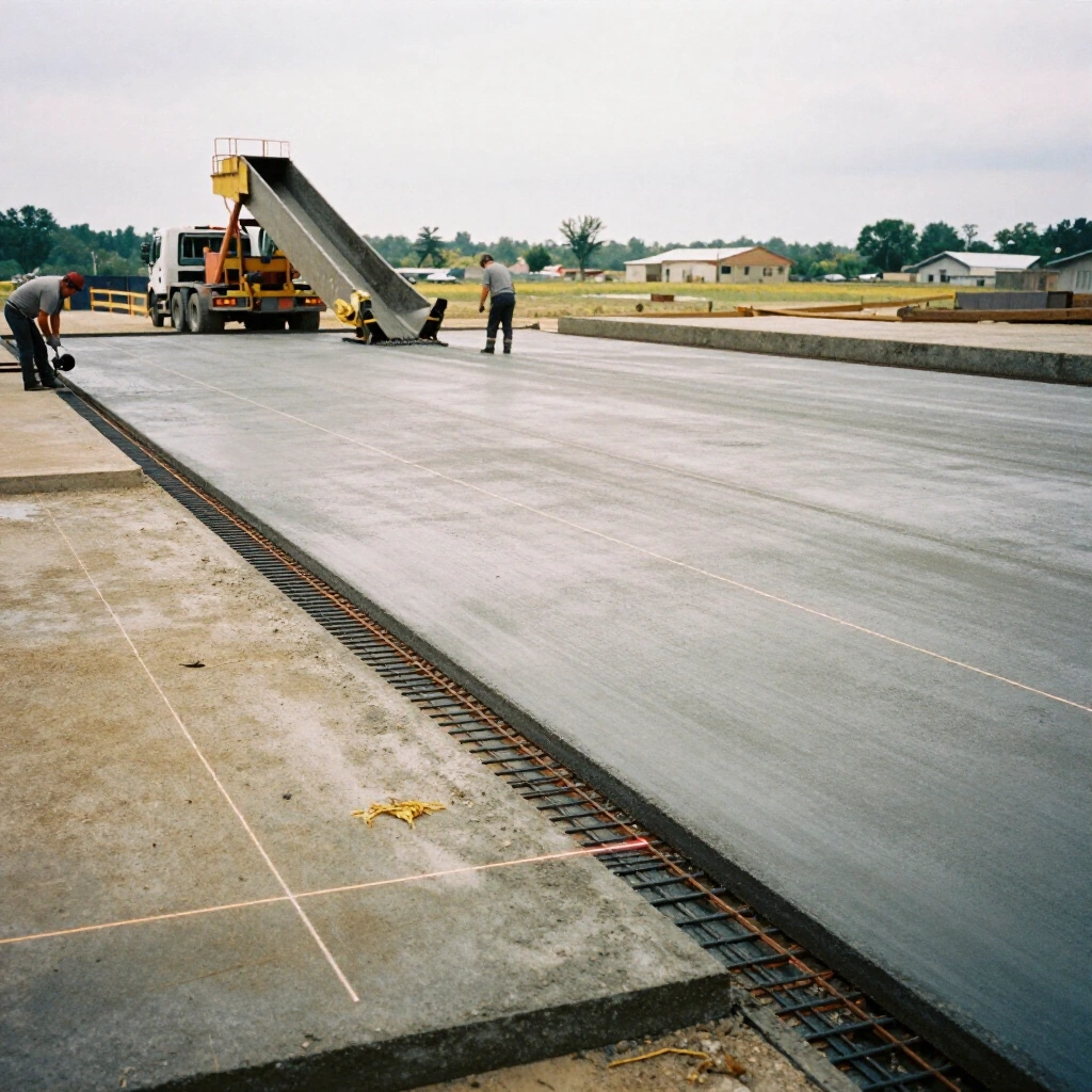Concrete crew placing and screeding a large slab pour with a laser screed and exposed rebar mat at the edge