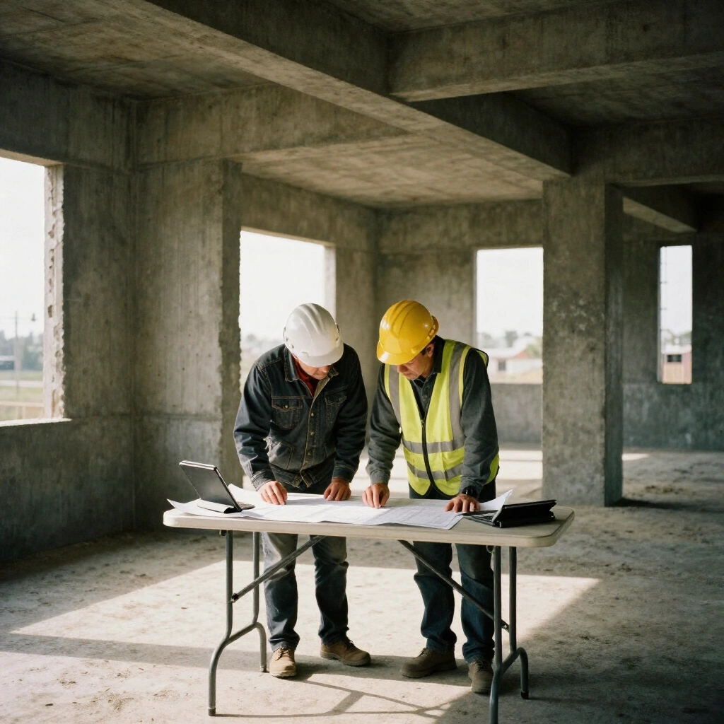 Construction manager and site superintendent reviewing drawings on a folding table inside an unfinished concrete building