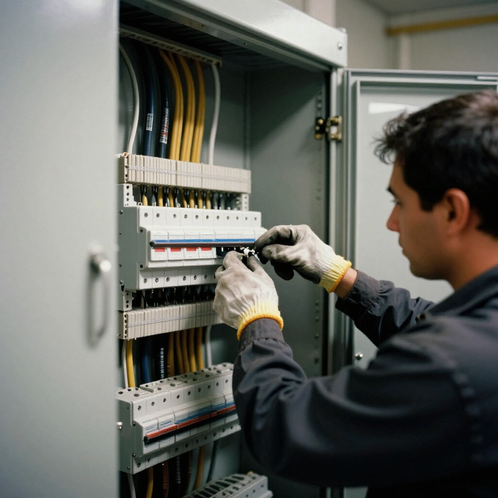 Electricians terminating breaker panels and pulling conduit in a commercial electrical room with cable trays