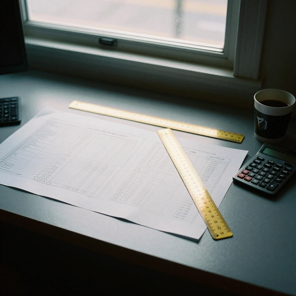Estimator desk covered with printed bid sets, takeoff drawings, a scale ruler and a calculator in morning light