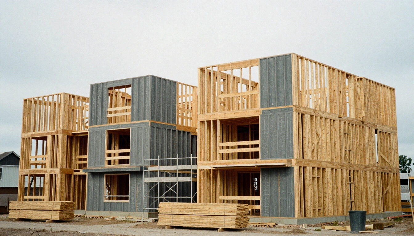 Four storey wood frame apartment building under construction with exposed studs and scaffolding