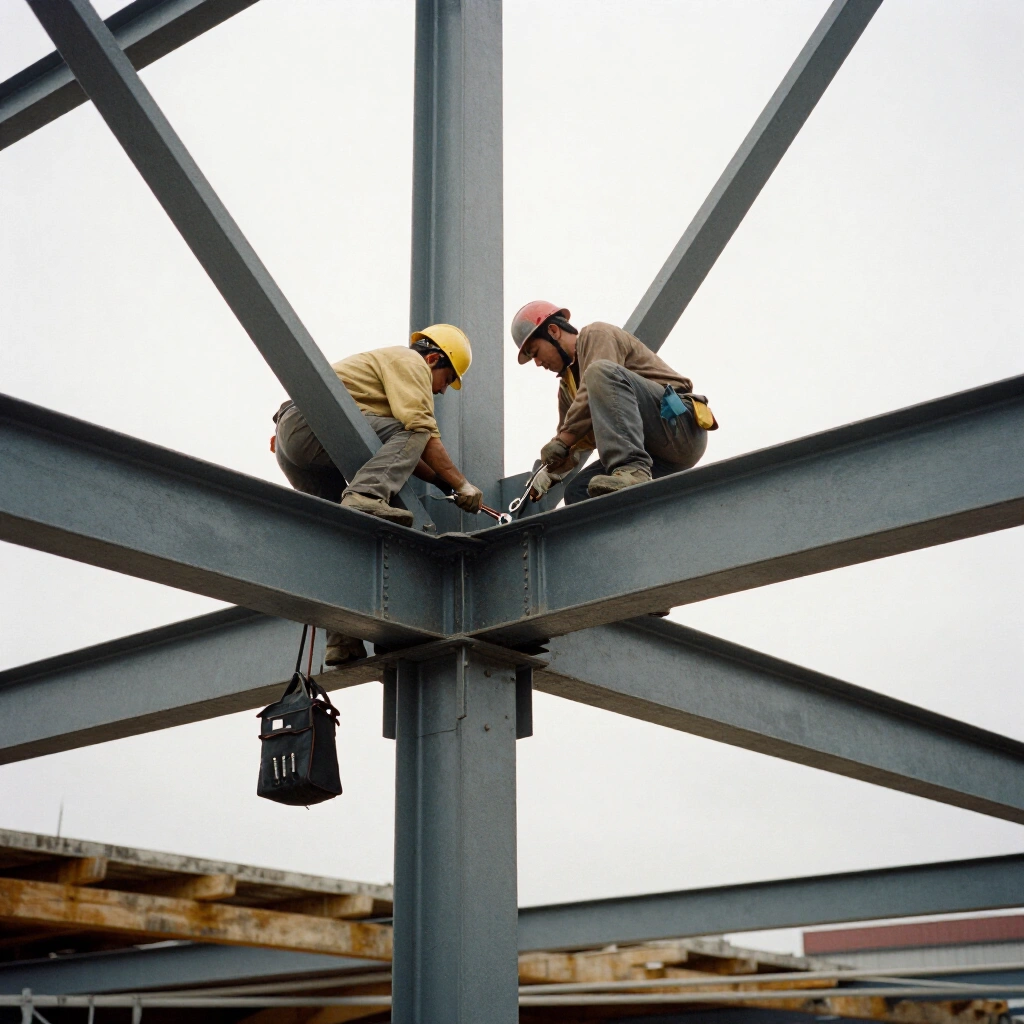 Ironworkers bolting a structural steel connection on a commercial building frame under an overcast sky