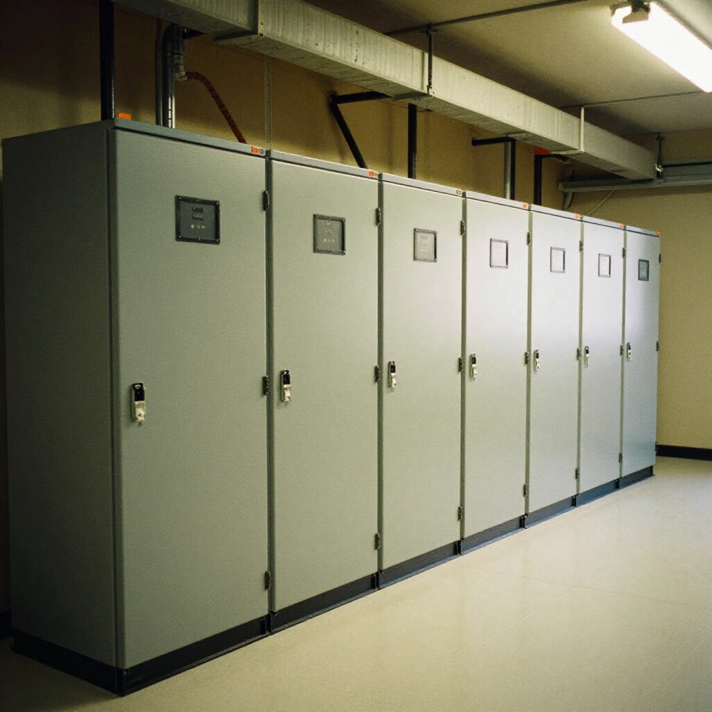 Lineup of grey electrical switchgear sections in a finished commercial service room with overhead conduit banks