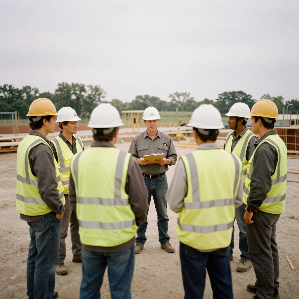 Morning toolbox safety meeting with a jobsite crew in hard hats and high visibility vests