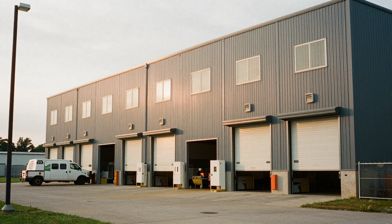 Municipal public works maintenance facility with tall equipment bays and rolling doors open