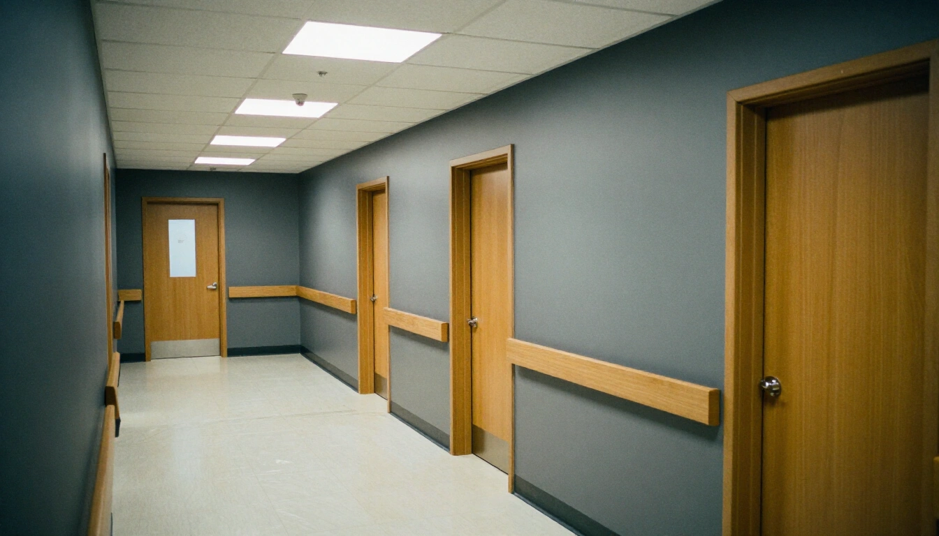 Outpatient medical clinic corridor nearing completion with new ceiling grid and recessed lighting
