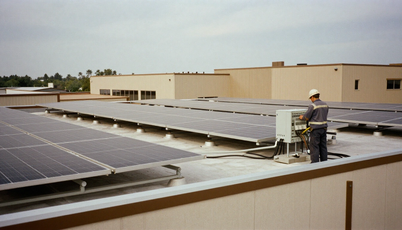Rooftop solar array on a commercial building with ballasted racking rows and conduit runs to an inverter