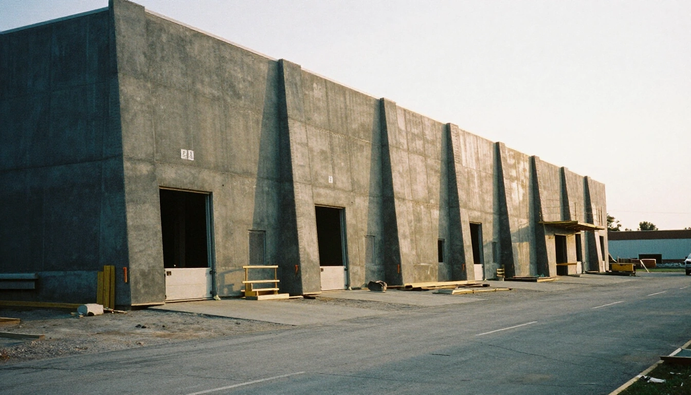Tilt-up concrete distribution warehouse under construction with braced wall panels and framed dock doors